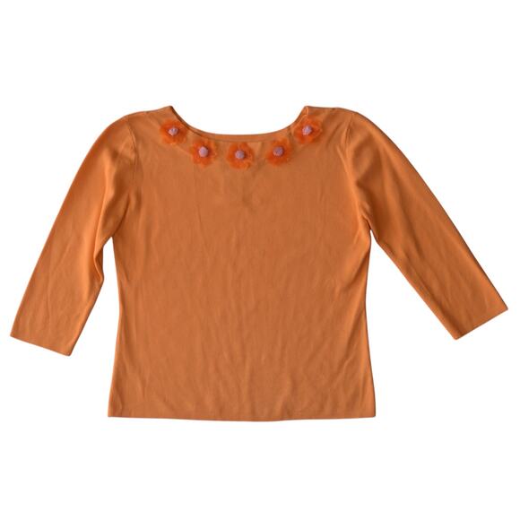 Vintage Y2K Joseph A. Orange Knit Top Large – Floral Embellished Boat Neck - Picture 1 of 5
